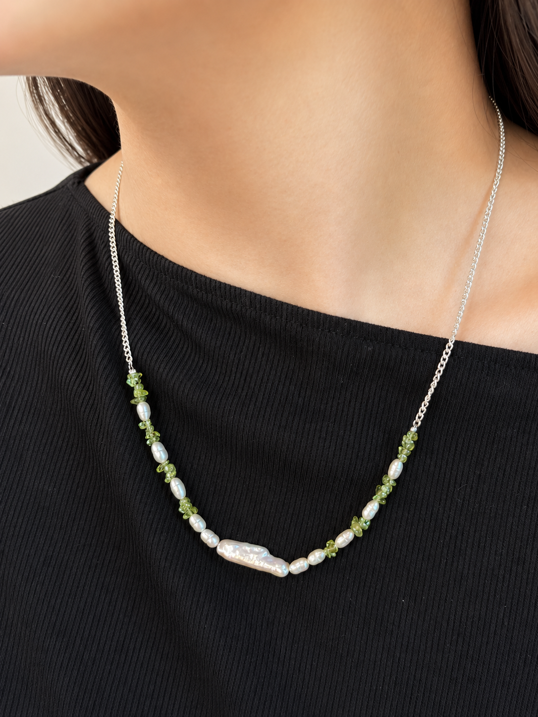 Silver Freshwater Pearl/Peridot Necklace