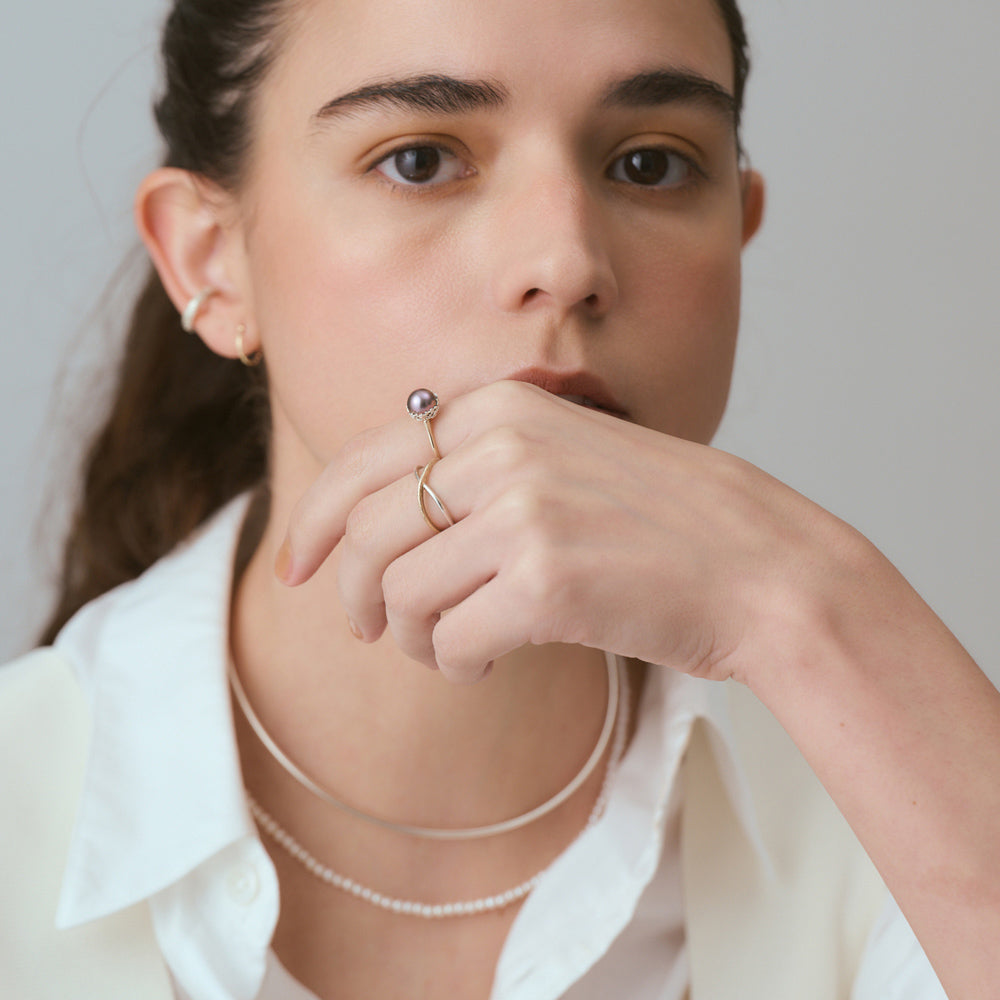 K10/Silver Pearl Ring (Black)